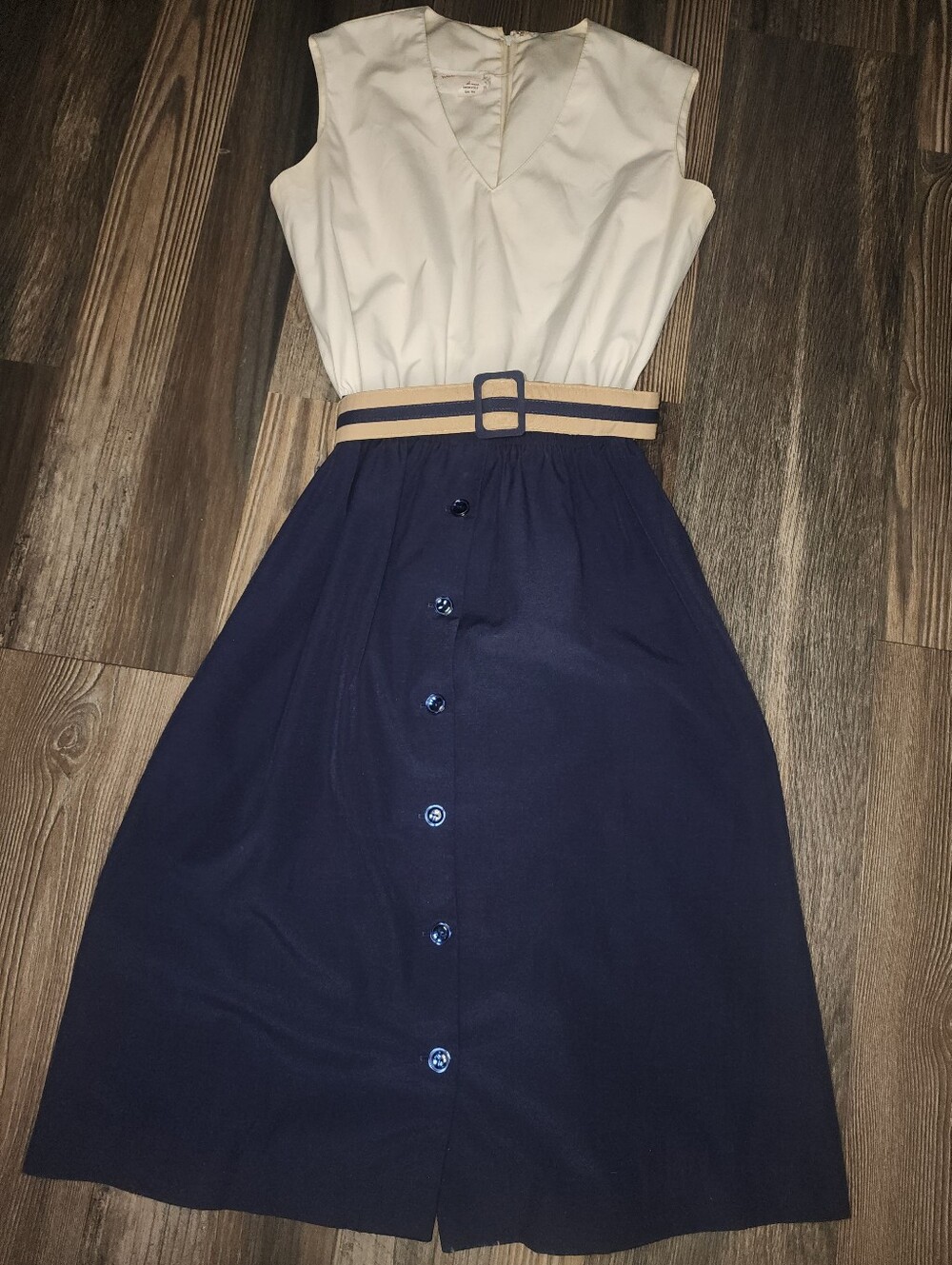 Vintage David Warren Sleeveless Dress Sz 10 White Navy Belted Vneck 80s Retro